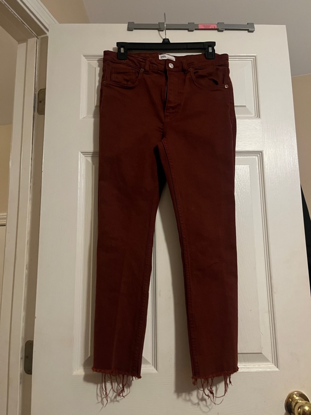 Zara Women's Burnt Orange Skinny Jeans with Frayed Hem